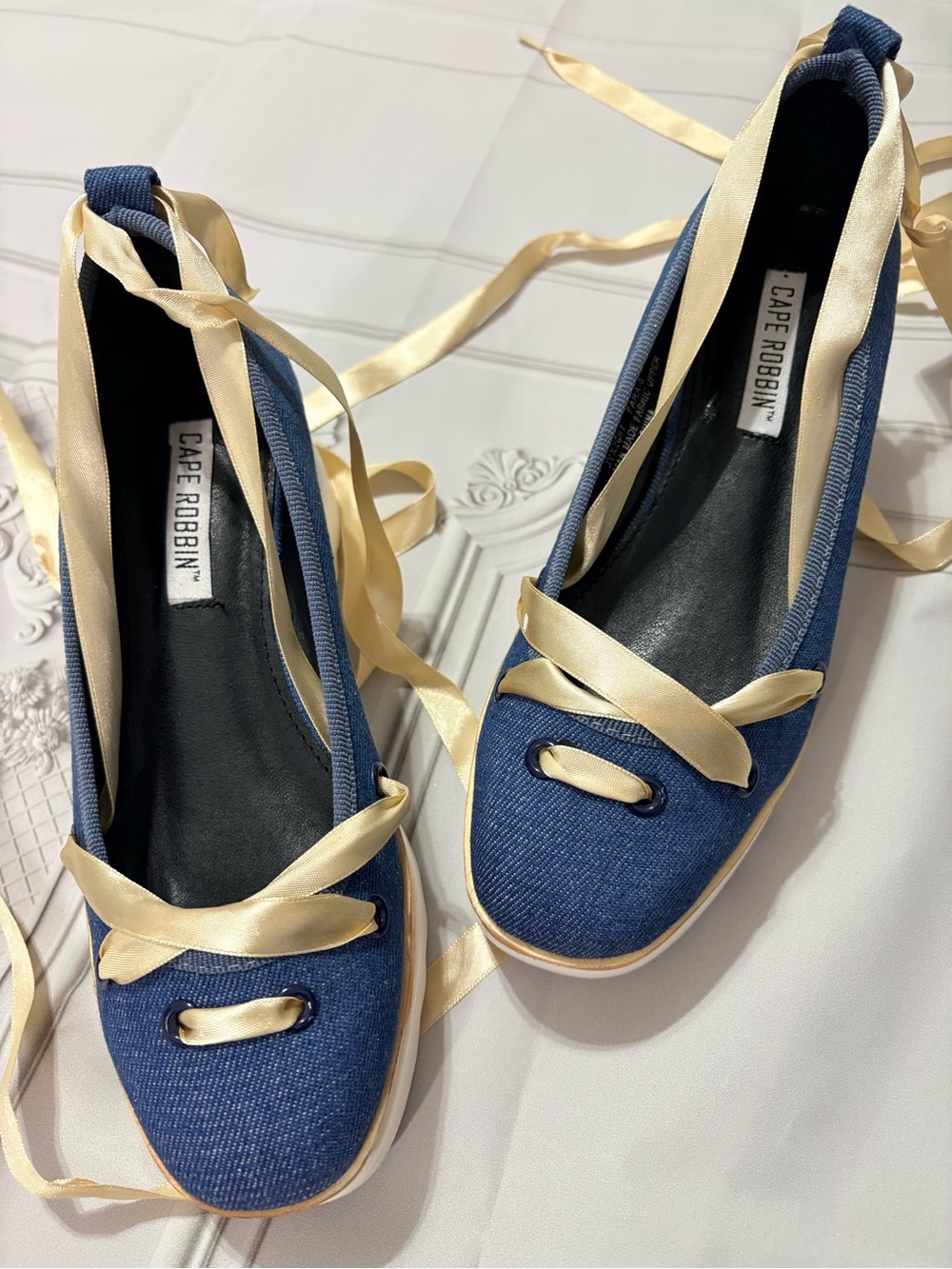 Cape Robbin Denim Blue Ballet Flats with Cream Ribbon